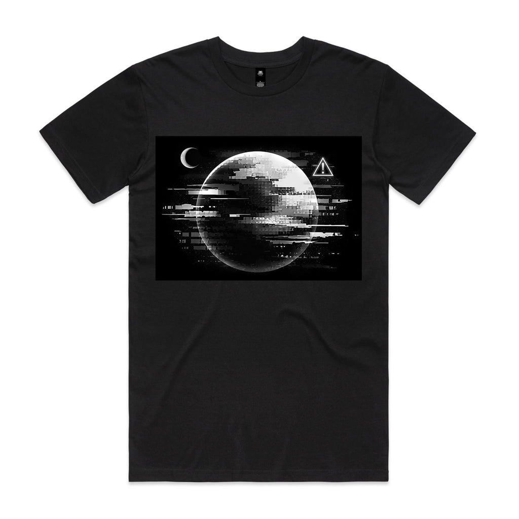 Front of Voltare Glitch Planet black graphic tee with monochrome glitch planet, crescent moon and warning symbol
