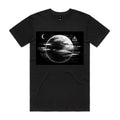 Front of Voltare Glitch Planet black graphic tee with monochrome glitch planet, crescent moon and warning symbol