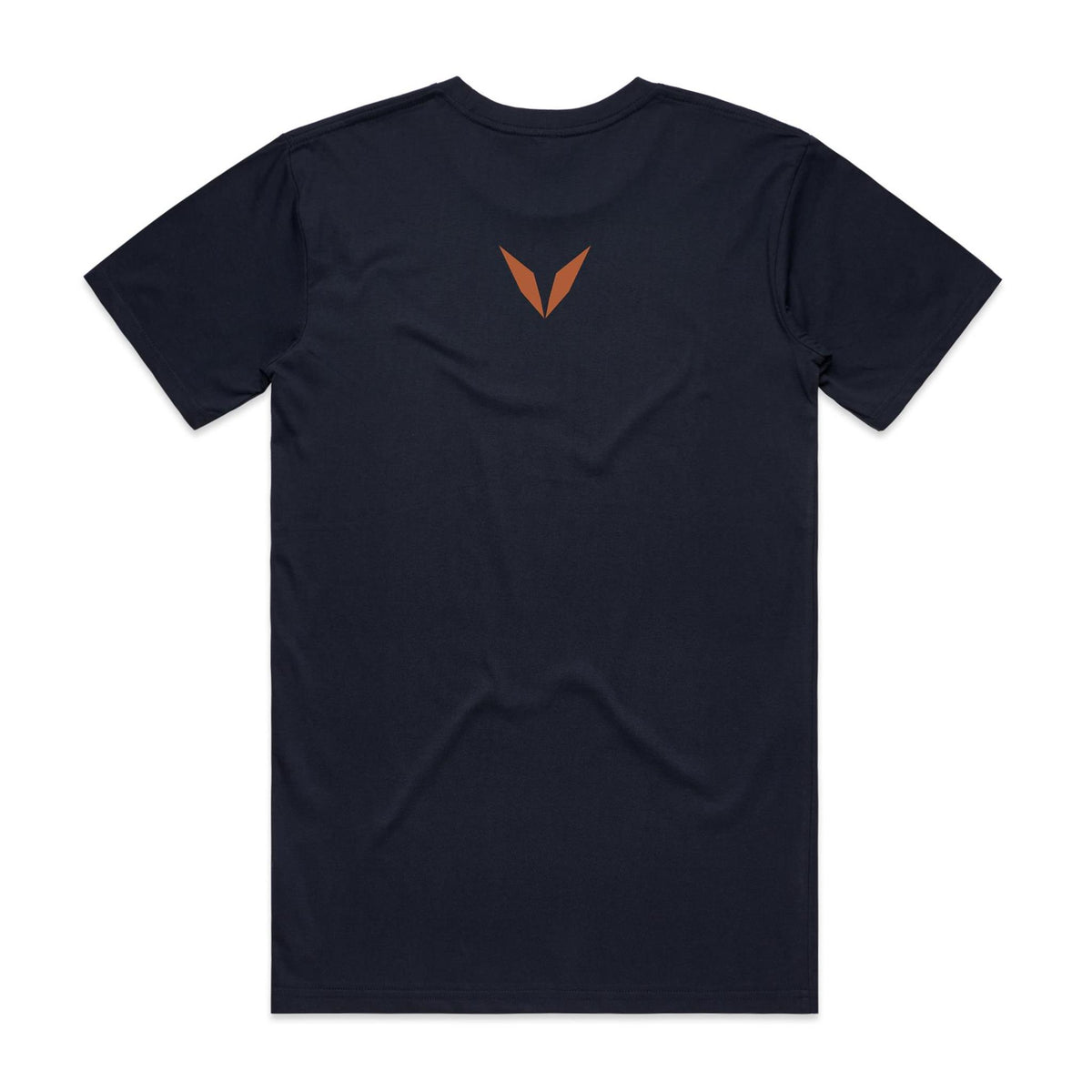 Voltare Golden Gate Bridge Crimson Span tee in Navy, back with small rust-orange Voltare V