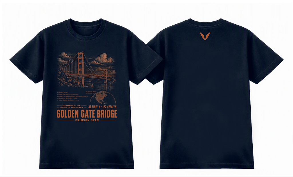 Front and back of the Navy Voltare Golden Gate Bridge Crimson Span tee, showing bridge and San Francisco Bay artwork above facts, a map, coordinates and landmark lettering, with a small rust-orange Voltare V high on the back