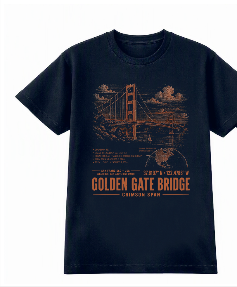 Front of the Navy Voltare Golden Gate Bridge Crimson Span tee, featuring rust-orange bridge and San Francisco Bay artwork above historical facts, a location map, coordinates and Golden Gate Bridge Crimson Span lettering