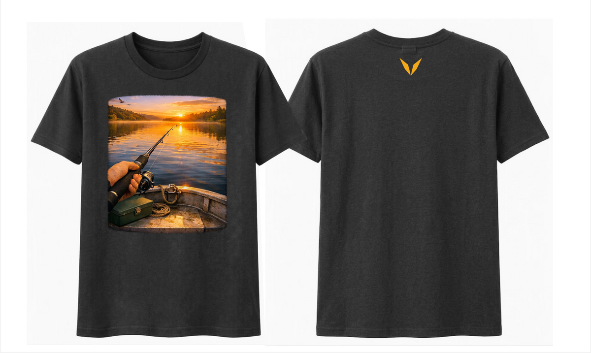 Front and back of the Black Voltare Golden Hour Boat Fishing tee with first-person fishing artwork at sunset and a golden-orange Voltare V on the back