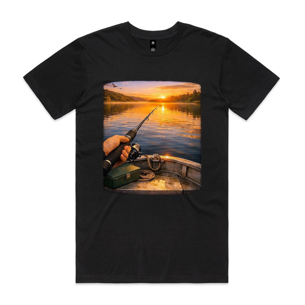 Front of the Black Voltare Golden Hour Boat Fishing tee with first-person boat fishing artwork over still water at sunset