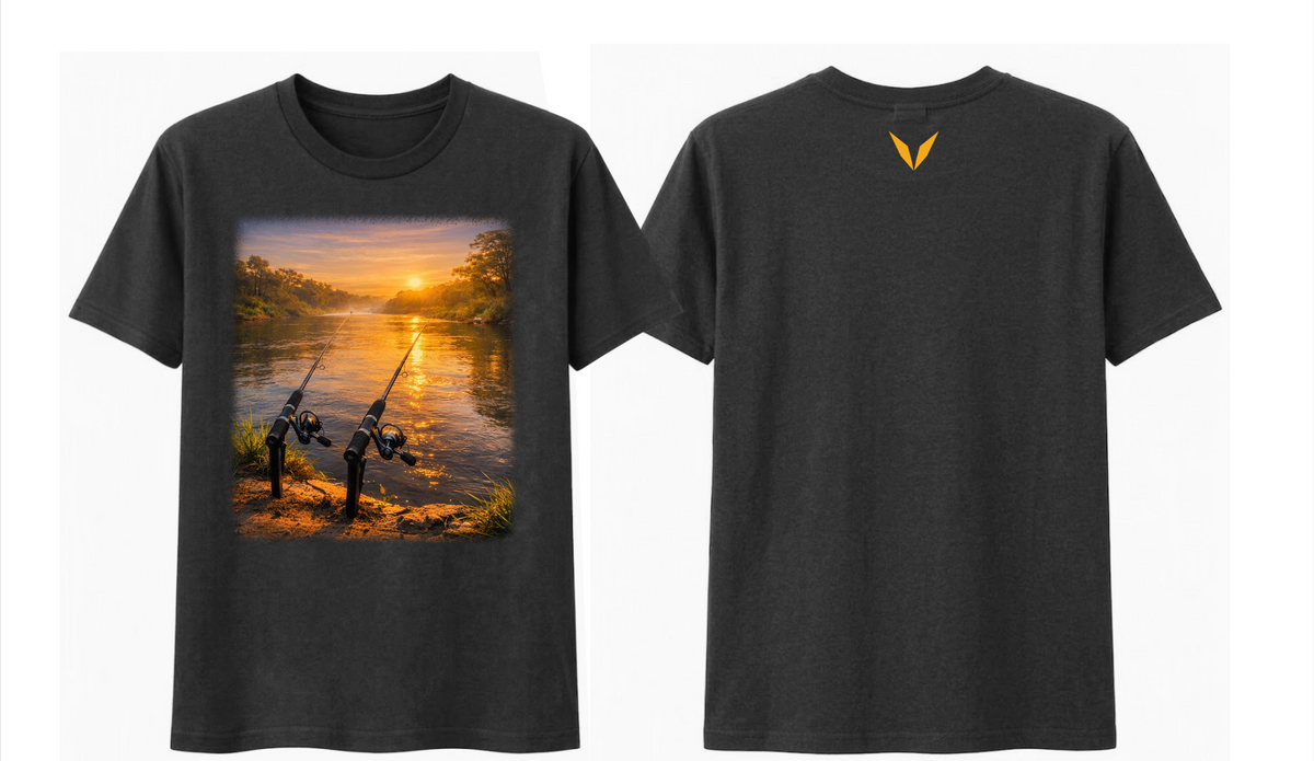 Front and back of the Black Voltare Golden Hour Riverbank Fishing tee with riverside sunset artwork and a golden-orange back V

