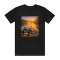 Front of the Black Voltare Golden Hour Riverbank Fishing tee with two fishing rods beside a river at sunset