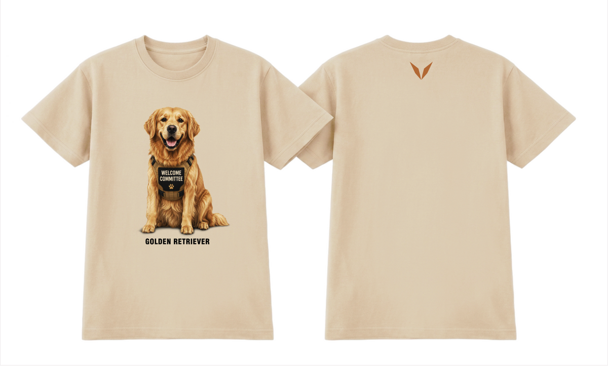 Front and back preview of the Ecru Voltare Golden Retriever Welcome Committee tee, showing dog artwork and lettering on the front and a copper-brown V on the back.