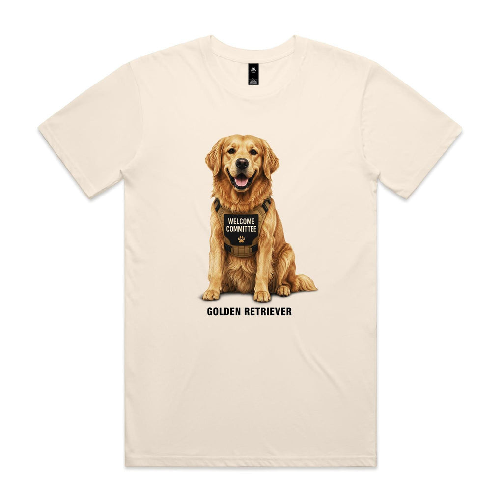 Ecru Voltare adult tee featuring a Golden Retriever wearing a tan harness with a Welcome Committee badge, paw-print detail and black Golden Retriever lettering.