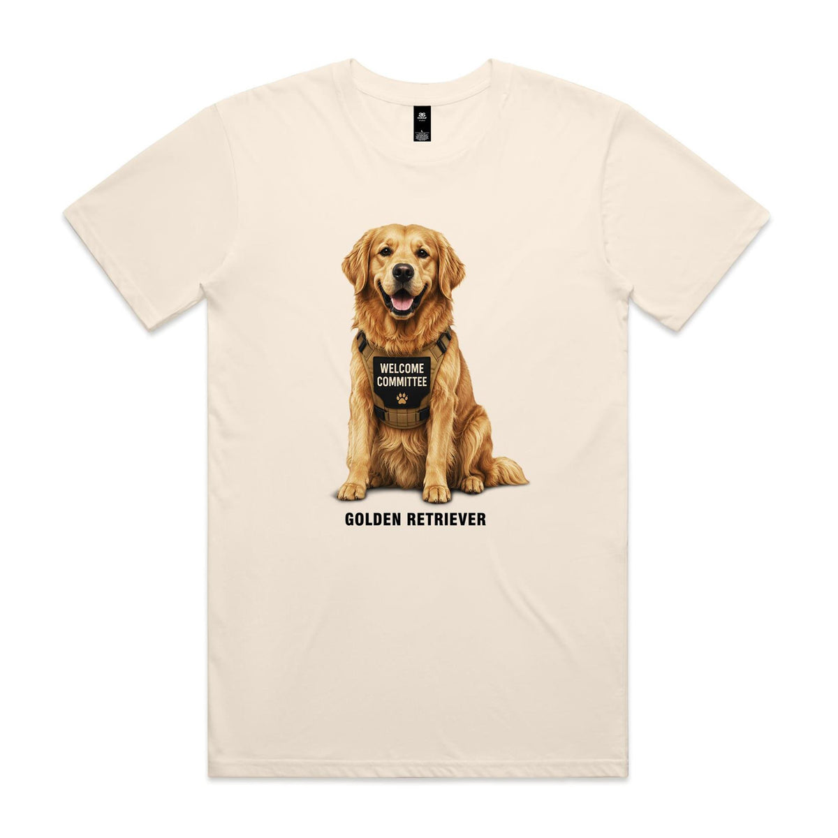 Ecru Voltare adult tee featuring a Golden Retriever wearing a tan harness with a Welcome Committee badge, paw-print detail and black Golden Retriever lettering.