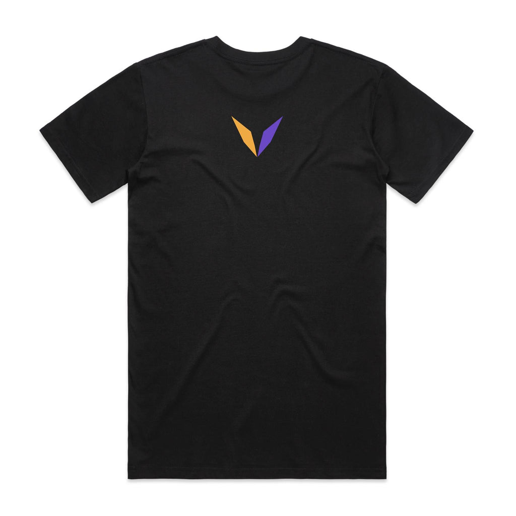 Back of Voltare Black Gouldian Finch T-shirt with a gold-and-purple Voltare V on the upper back.