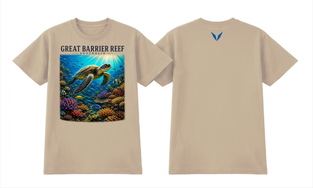 Front and back preview of the Ecru Voltare Great Barrier Reef Sea Turtle tee with colourful reef artwork and a blue back V