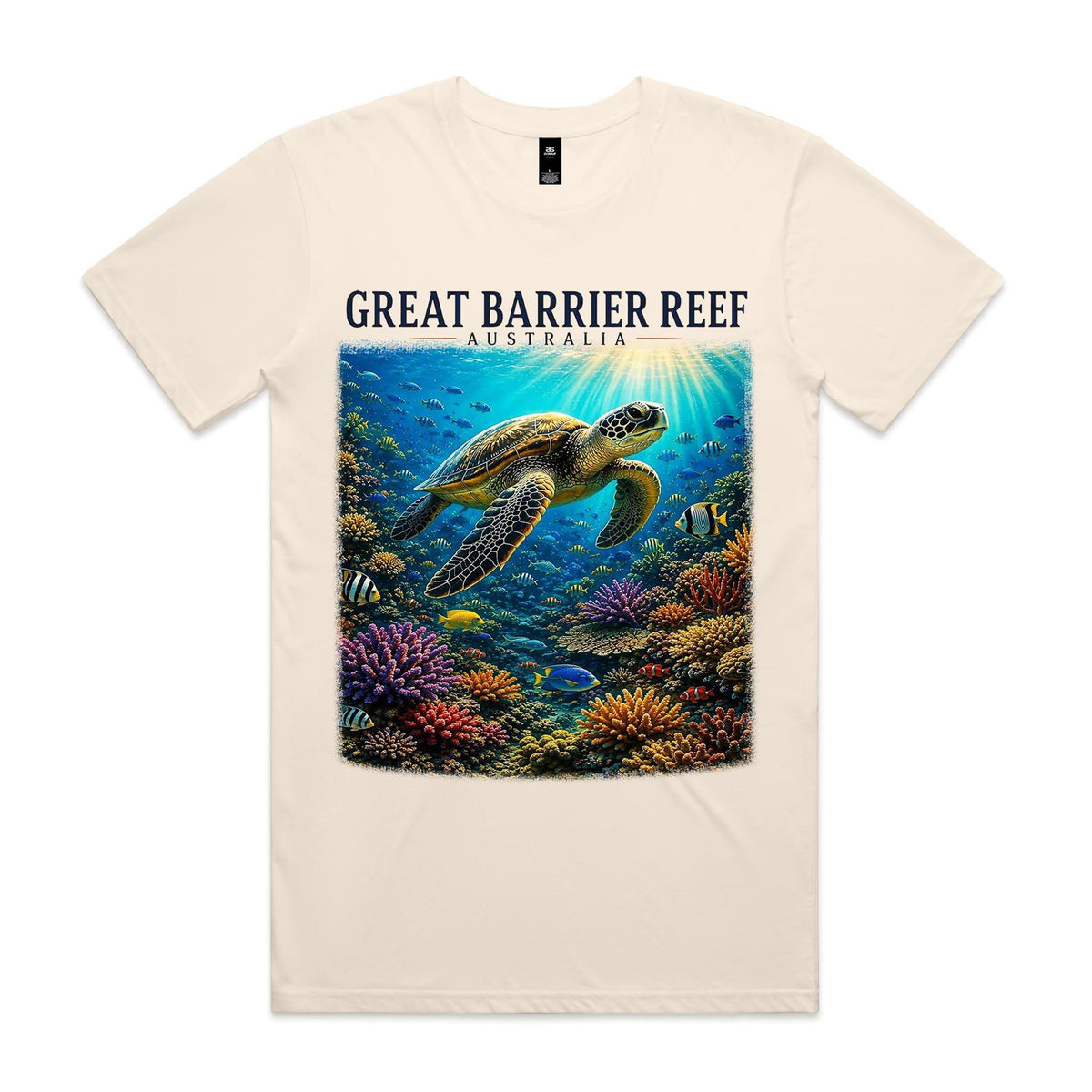 Ecru Voltare Great Barrier Reef tee featuring a sea turtle swimming above colourful coral and reef fish beneath Australia lettering