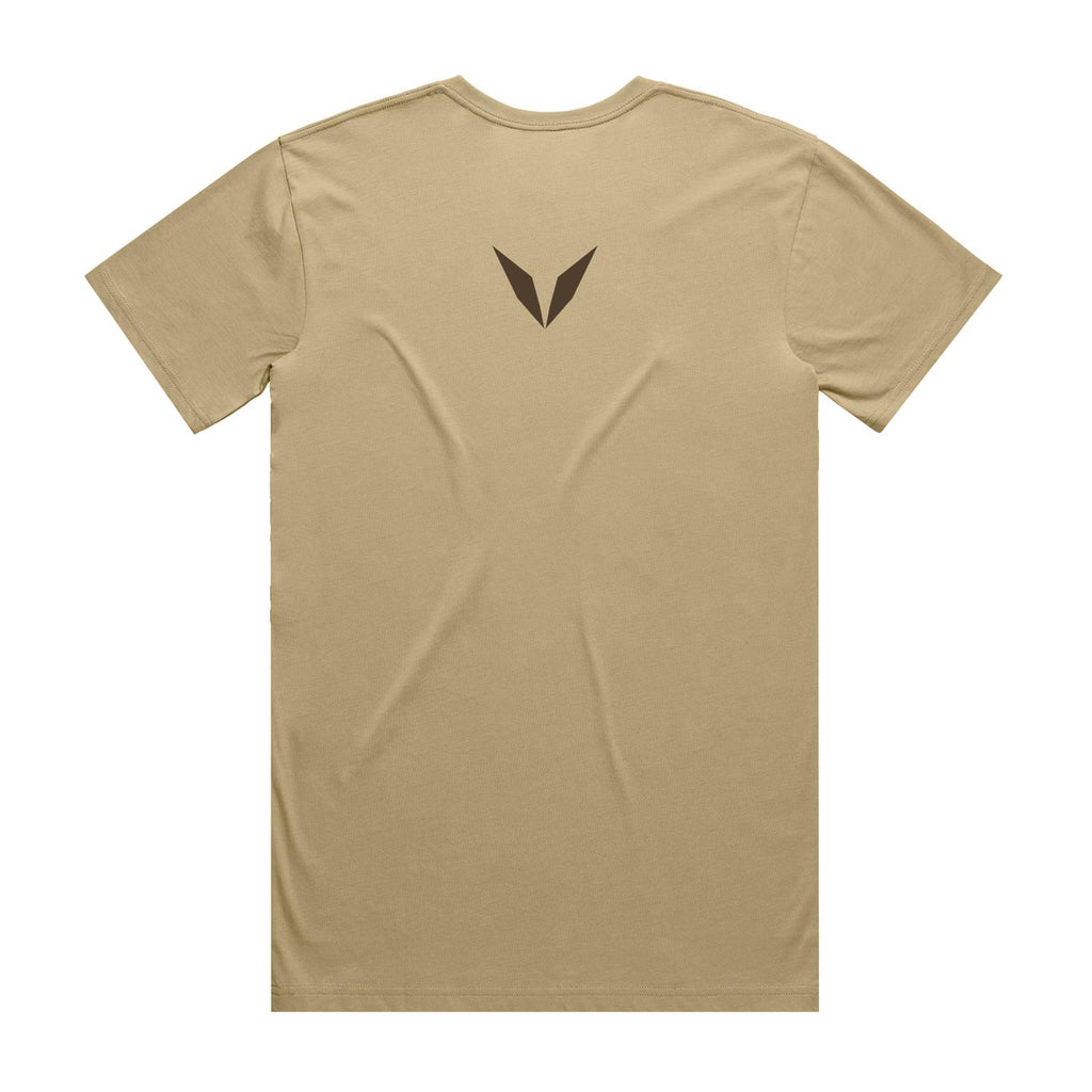 Back view of the Voltare Great Pyramid of Giza Desert Titan tee in Khaki with a small dark-brown Voltare V high on the back