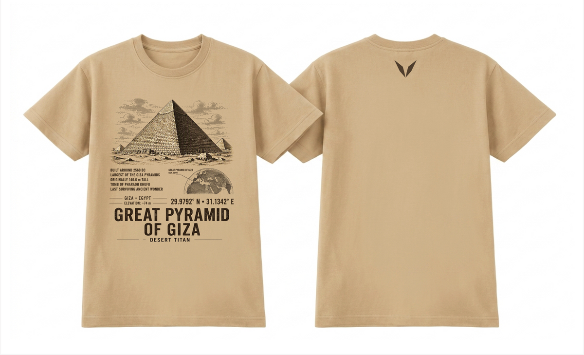 Front and back of the Khaki Voltare Great Pyramid of Giza Desert Titan tee, showing pyramid artwork above facts, a Giza map, coordinates and landmark lettering, with a small dark-brown Voltare V high on the back