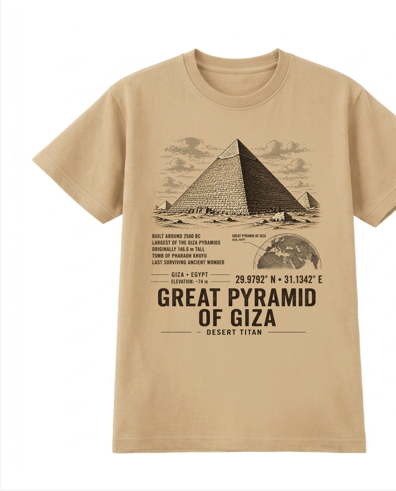 Front of the Khaki Voltare Great Pyramid of Giza Desert Titan tee, featuring pyramid artwork above historical facts, a Giza location map, coordinates and Great Pyramid of Giza Desert Titan lettering