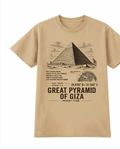 Front of the Khaki Voltare Great Pyramid of Giza Desert Titan tee, featuring pyramid artwork above historical facts, a Giza location map, coordinates and Great Pyramid of Giza Desert Titan lettering