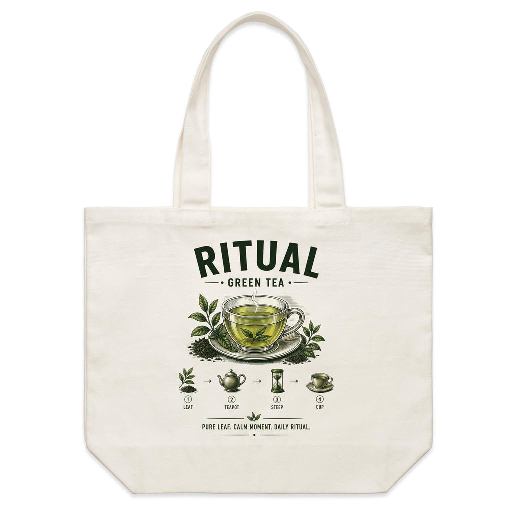 Back of Voltare Green Tea Ritual natural canvas tote bag with matching glass tea cup, leafy branches, teapot and hourglass brewing steps