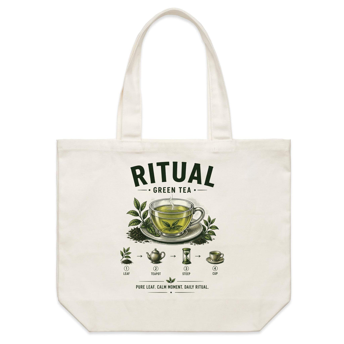 Back of Voltare Green Tea Ritual natural canvas tote bag with matching glass tea cup, leafy branches, teapot and hourglass brewing steps