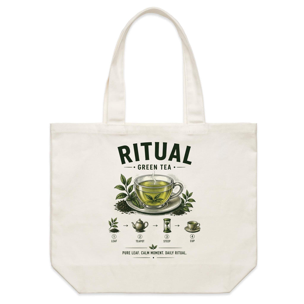 Front of Voltare Green Tea Ritual natural canvas tote bag with glass tea cup, leafy branches, teapot and hourglass brewing steps