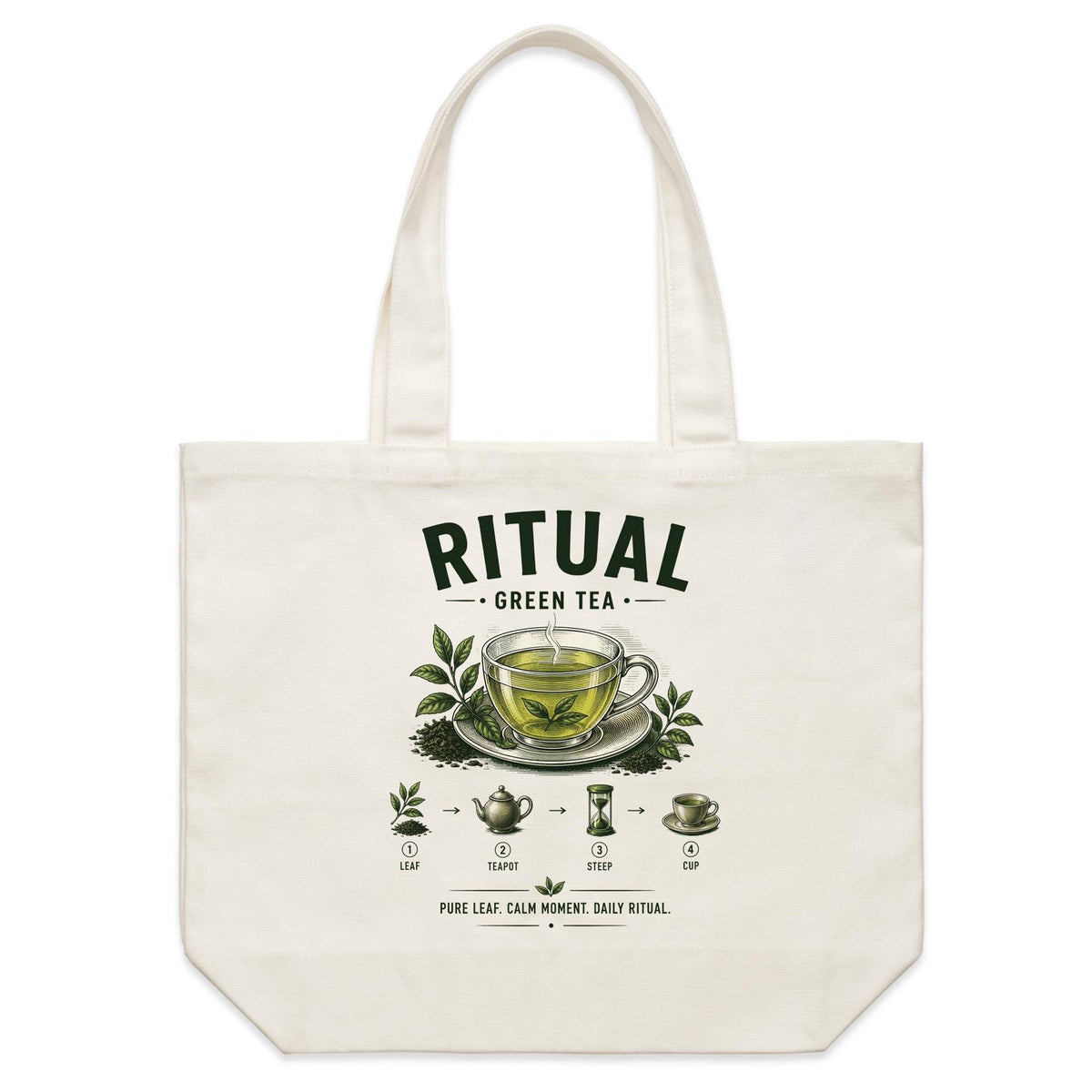 Front of Voltare Green Tea Ritual natural canvas tote bag with glass tea cup, leafy branches, teapot and hourglass brewing steps