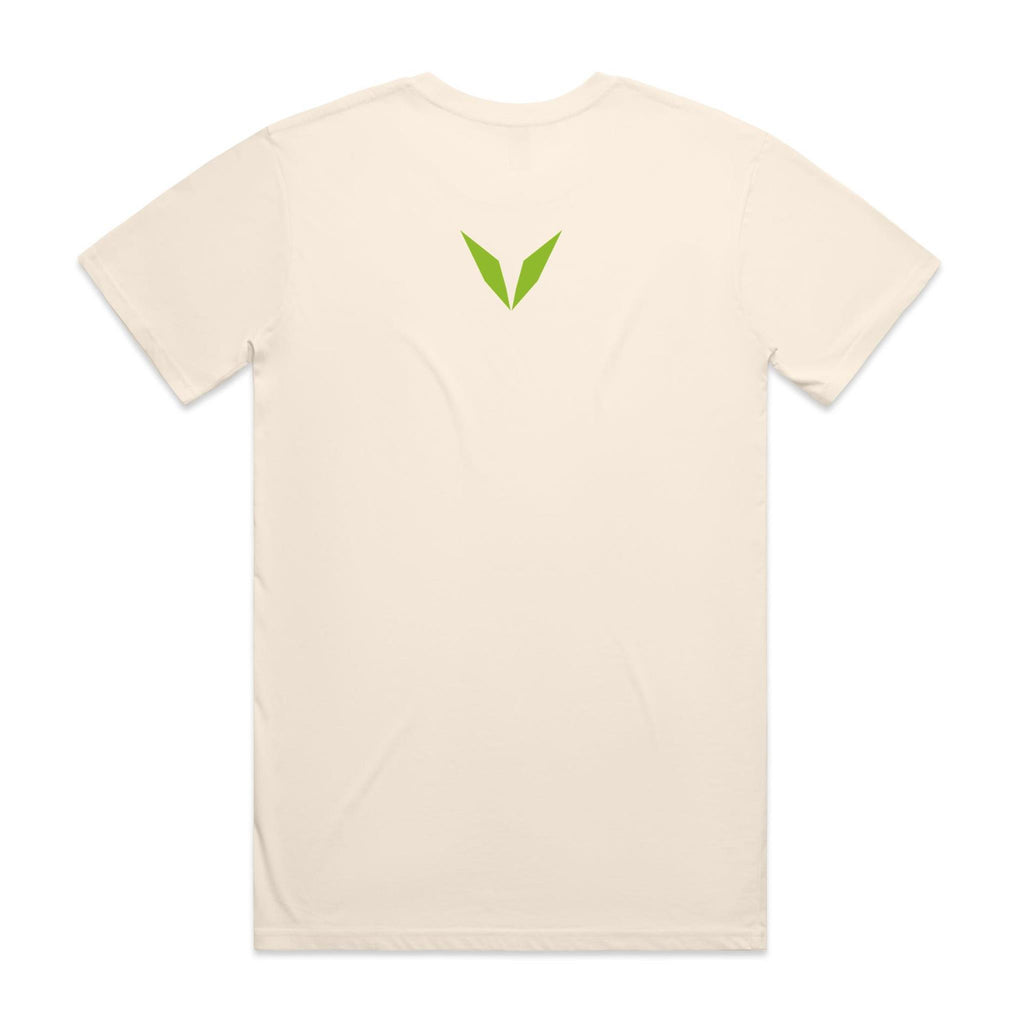 Back of the Ecru Voltare Green Thumb Gardening tee with a lime-green Voltare V between the shoulder blades