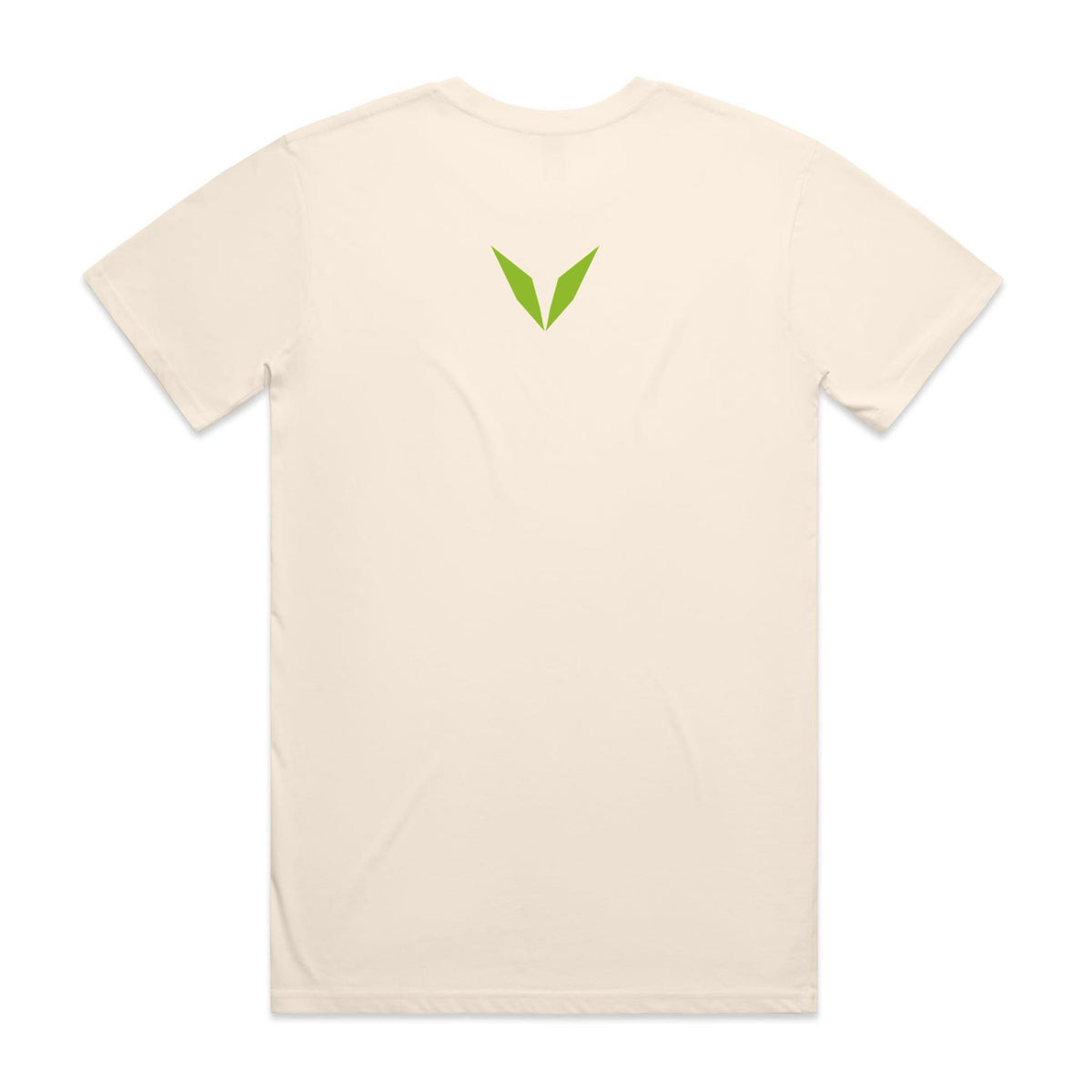 Back of the Ecru Voltare Green Thumb Gardening tee with a lime-green Voltare V between the shoulder blades