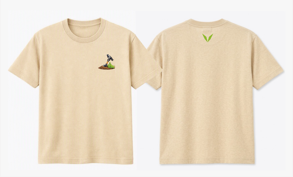 Front and back of the Ecru Voltare Green Thumb Gardening tee with magpie and gardening chest artwork and a lime-green back V