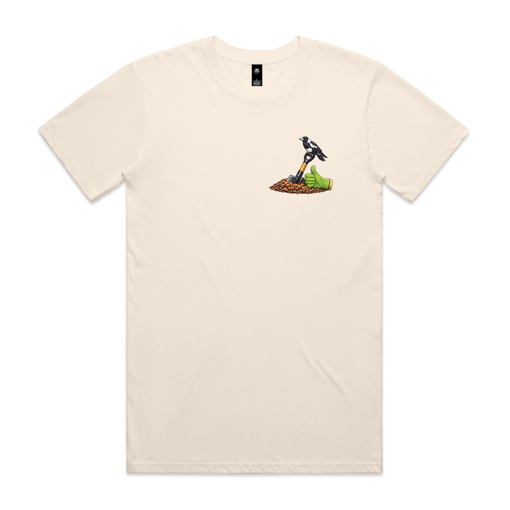 Front of the Ecru Voltare Green Thumb Gardening tee with a magpie on a shovel beside a green thumbs-up gardening glove on the left chest
