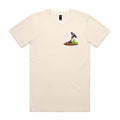 Front of the Ecru Voltare Green Thumb Gardening tee with a magpie on a shovel beside a green thumbs-up gardening glove on the left chest
