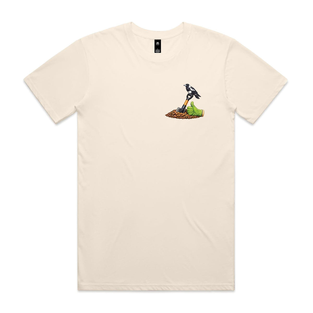 Front of the Ecru Voltare Green Thumb Gardening tee with a magpie on a shovel beside a green thumbs-up gardening glove on the left chest
