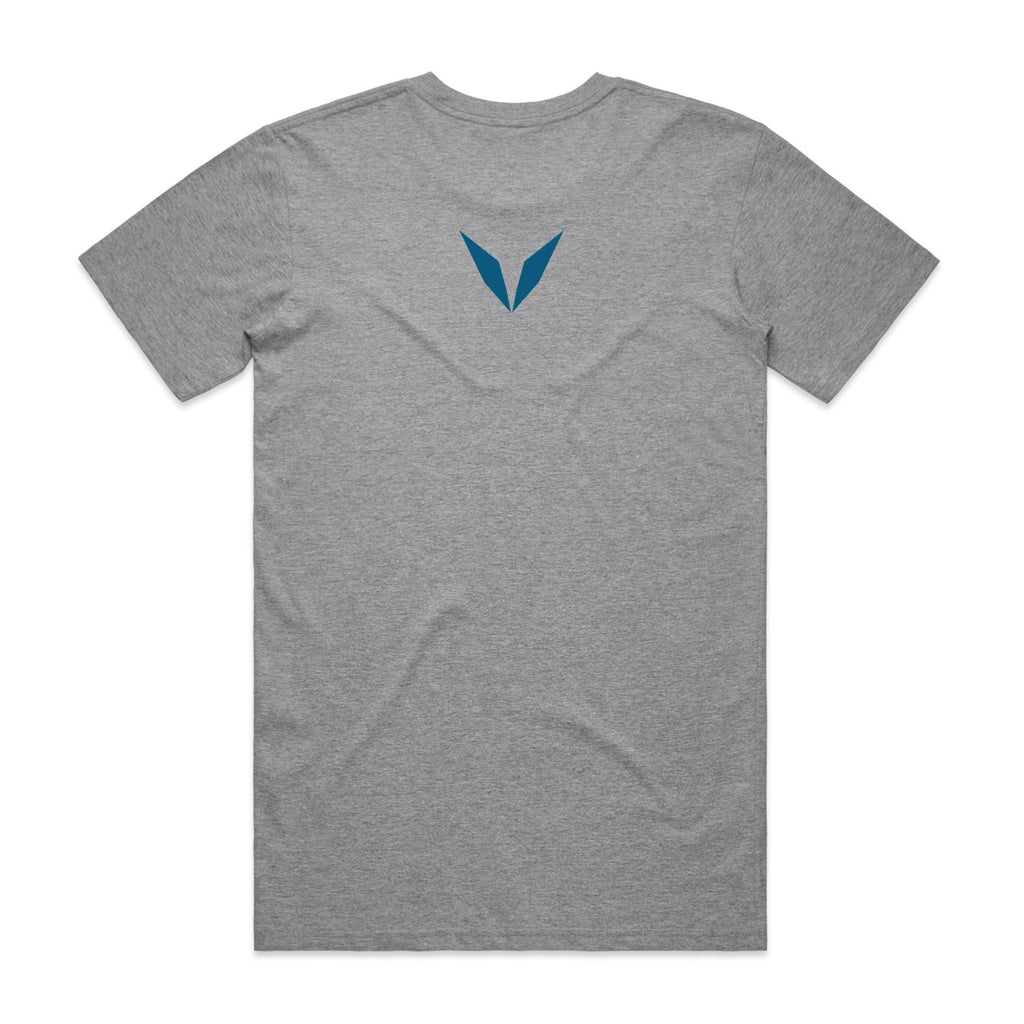 Voltare Greenland Ice Sheet grey marle t-shirt back view with teal blue Voltare V logo on the upper back
