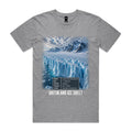 Voltare Greenland Ice Sheet grey marle t-shirt front view with glacier and snowy mountain artwork and a Greenland Ice Sheet facts panel