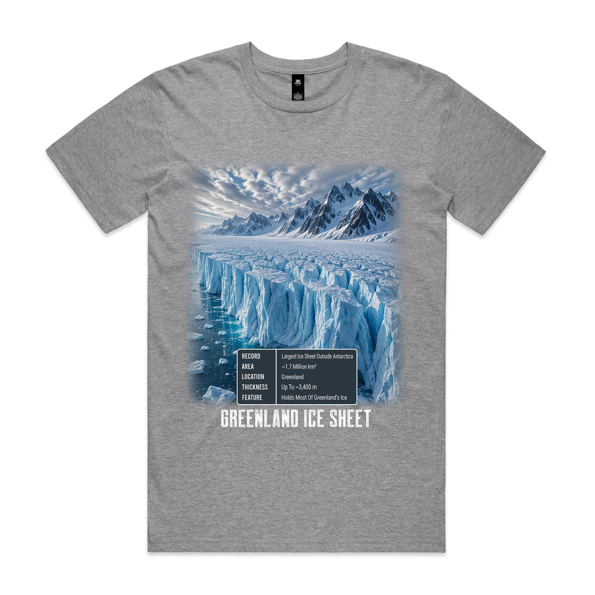 Voltare Greenland Ice Sheet grey marle t-shirt front view with glacier and snowy mountain artwork and a Greenland Ice Sheet facts panel