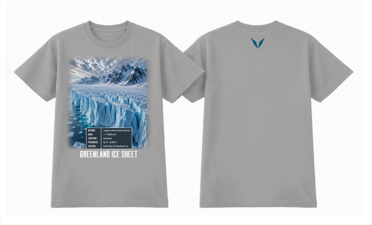 Voltare Greenland Ice Sheet grey marle t-shirt showing the front glacier design and the back Voltare V logo together