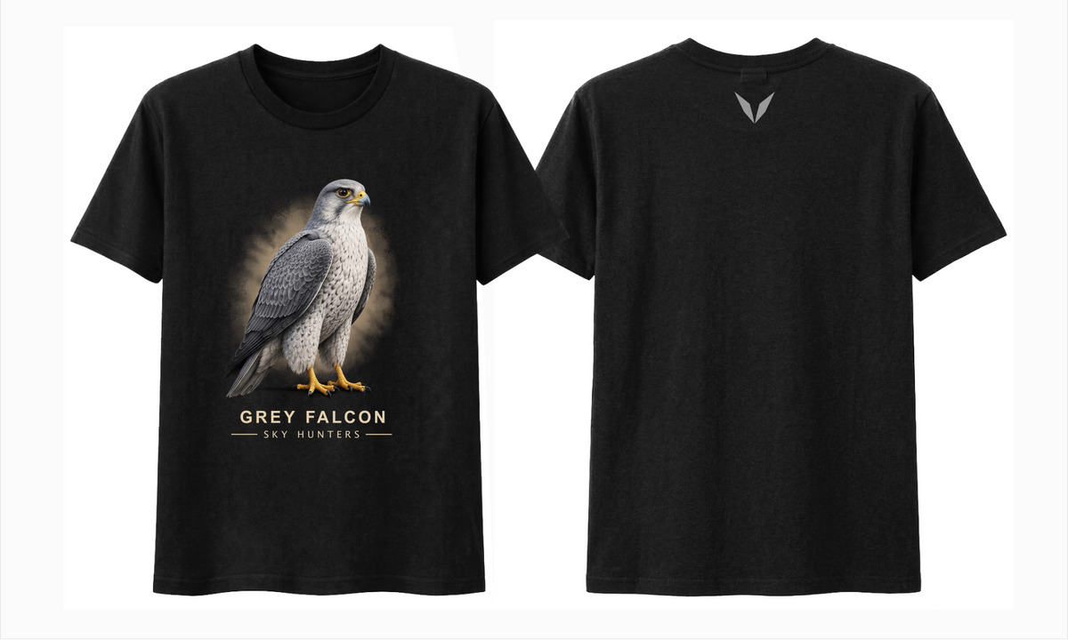 Front and back preview of the black Voltare Grey Falcon Sky Hunters T-shirt, with grey falcon artwork on the front and a small grey Voltare V logo on the upper back.

