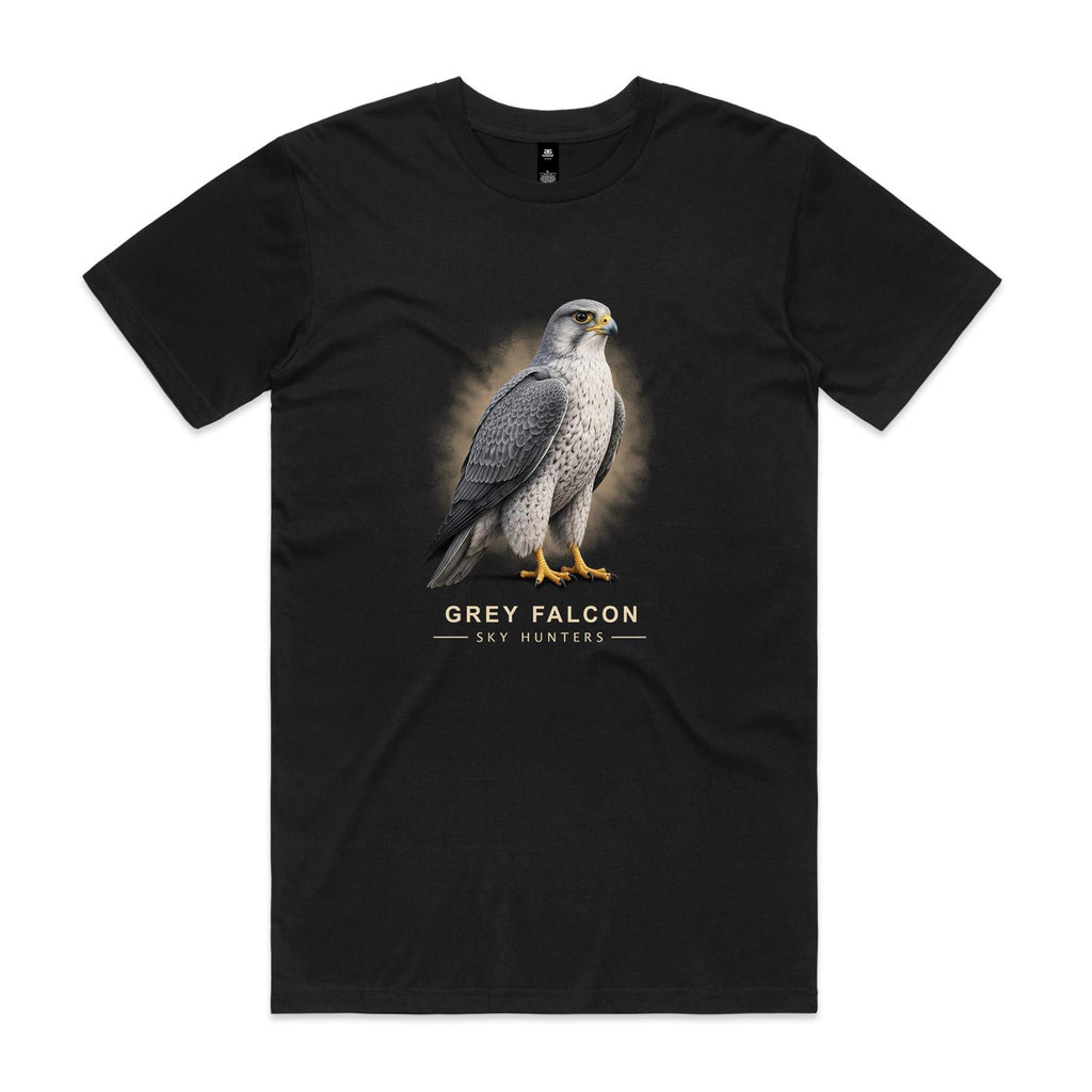 Front of the black Voltare Grey Falcon Sky Hunters T-shirt with an illustrated bird featuring slate-grey wings, a pale patterned chest and golden-yellow feet against a sandy backdrop.