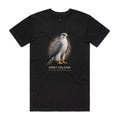 Front of the black Voltare Grey Falcon Sky Hunters T-shirt with an illustrated bird featuring slate-grey wings, a pale patterned chest and golden-yellow feet against a sandy backdrop.