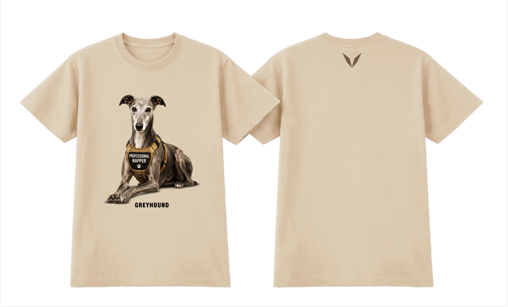 Front and back of the Voltare Greyhound Professional Napper Tee in Ecru, showing reclining Greyhound artwork, PROFESSIONAL NAPPER harness and taupe-brown back V.

