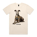 Voltare Greyhound Professional Napper Tee in Ecru, front showing a reclining grey Greyhound wearing a tan PROFESSIONAL NAPPER harness above breed lettering.