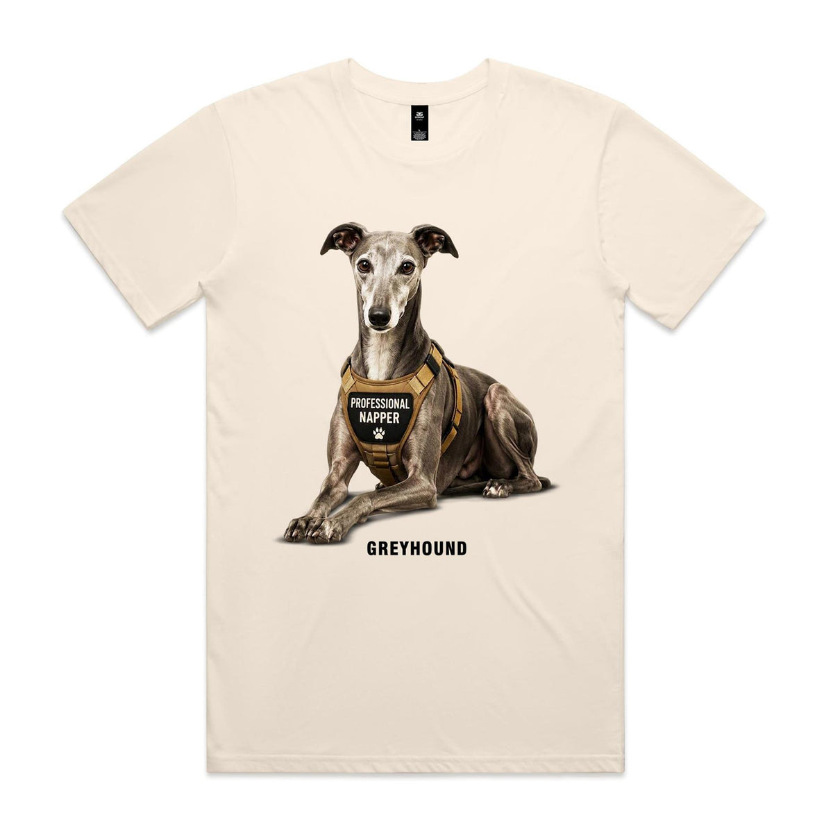 Voltare Greyhound Professional Napper Tee in Ecru, front showing a reclining grey Greyhound wearing a tan PROFESSIONAL NAPPER harness above breed lettering.