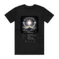Front of Voltare Halo black tee with a luminous solar ring above snowy mountains, halo-facts panel and dark-grey lettering