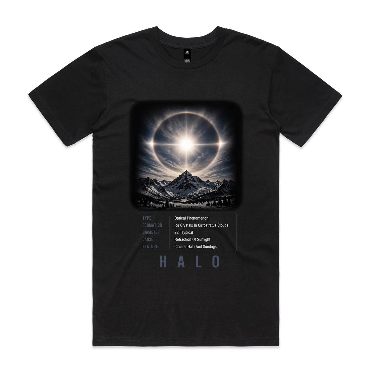 Front of Voltare Halo black tee with a luminous solar ring above snowy mountains, halo-facts panel and dark-grey lettering
