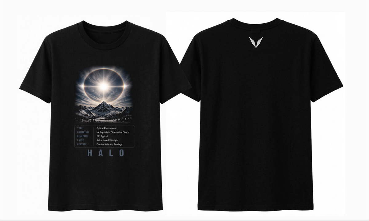 Front and back preview of Voltare Halo black tee with solar halo and snowy mountain artwork, facts panel and light-grey Voltare V logo