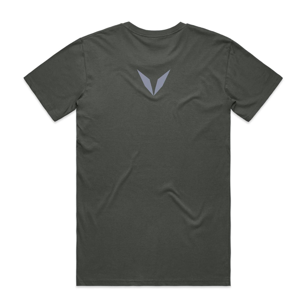 Back of the Charcoal Voltare Highlander tee with a cool-grey Voltare V high on the back