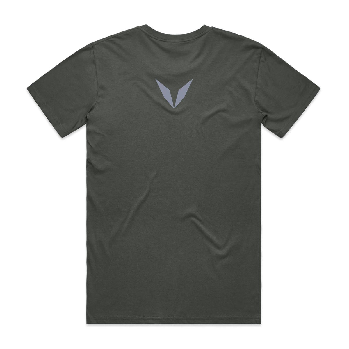 Back of the Charcoal Voltare Highlander tee with a cool-grey Voltare V high on the back
