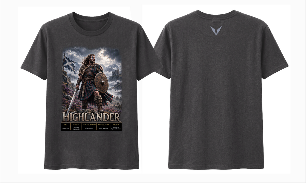 Front and back preview of the Voltare Highlander tee showing Scottish-inspired warrior artwork and a cool-grey Voltare V on a dark-grey garment