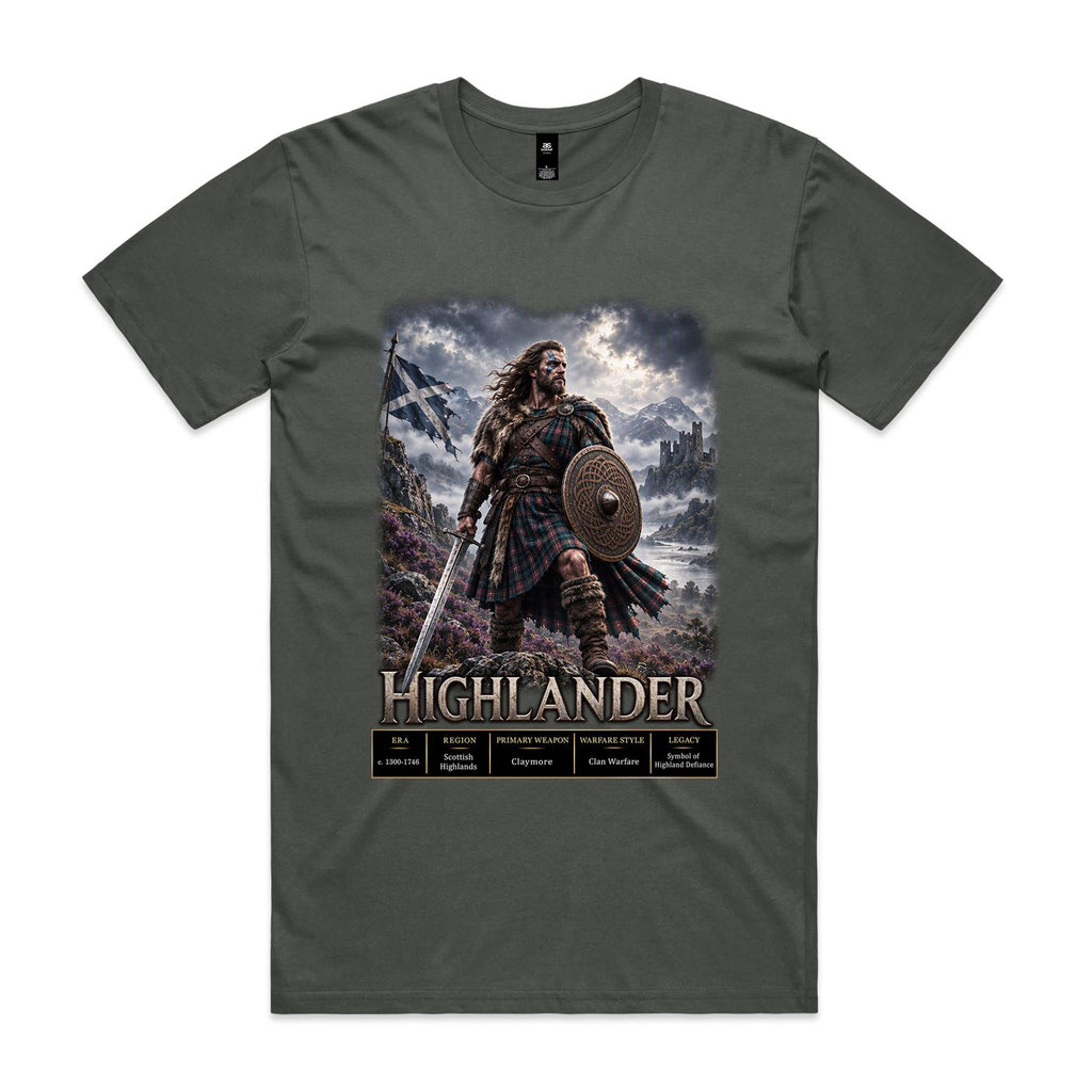 Charcoal Voltare Highlander tee featuring a tartan-clad warrior with a sword and round shield, Saltire flag, mountain scenery and historical fact panels