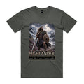 Charcoal Voltare Highlander tee featuring a tartan-clad warrior with a sword and round shield, Saltire flag, mountain scenery and historical fact panels