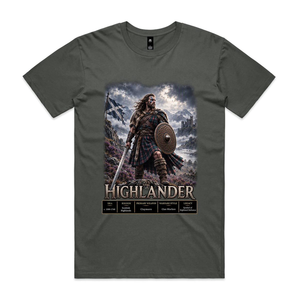 Charcoal Voltare Highlander tee featuring a tartan-clad warrior with a sword and round shield, Saltire flag, mountain scenery and historical fact panels