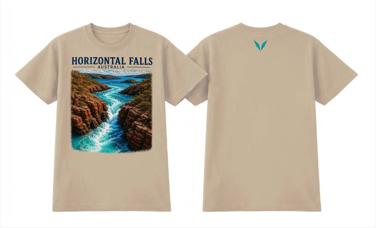Front and back preview of the Ecru Voltare Horizontal Falls Wild Tides tee with turquoise water and rugged cliff artwork and a teal back V