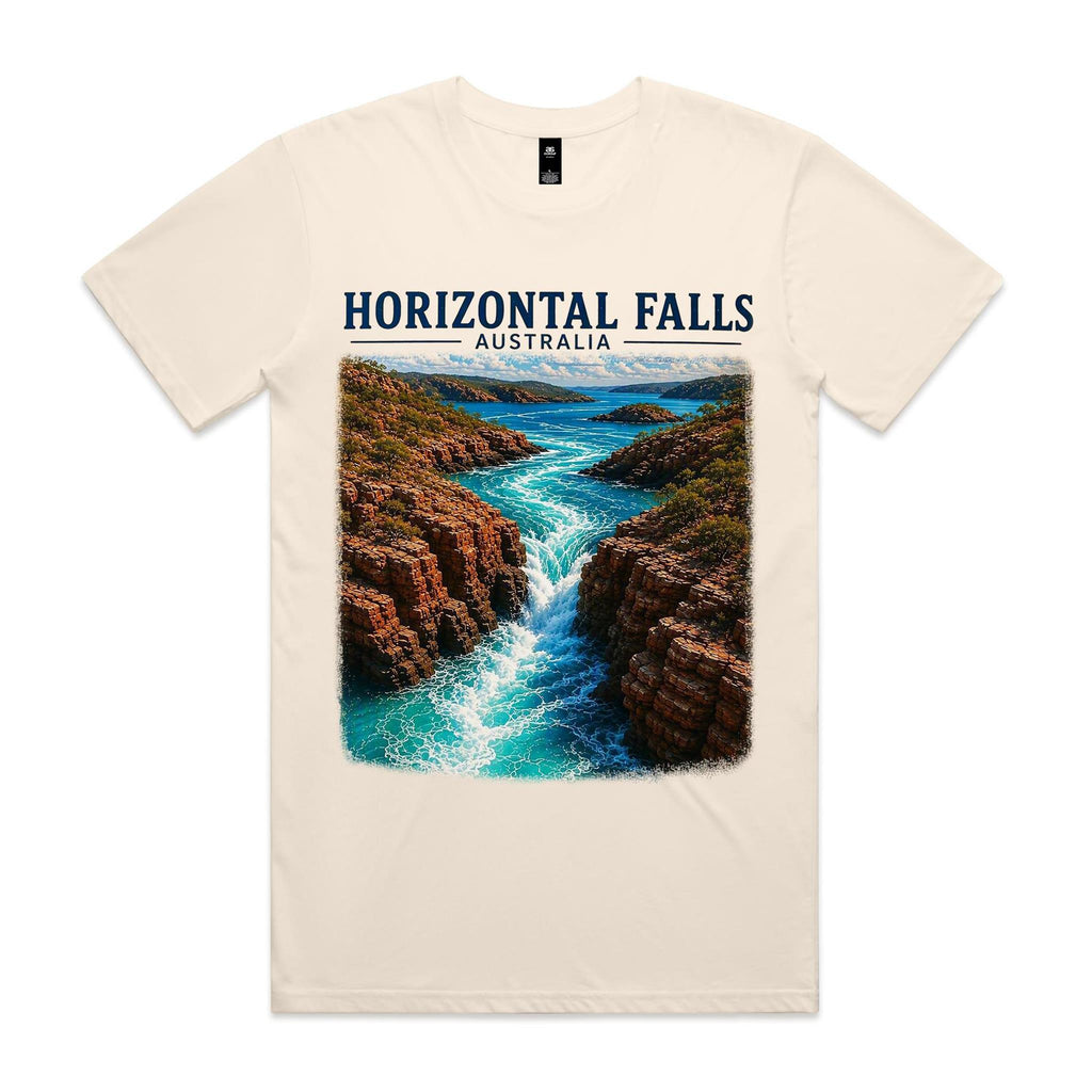 Ecru Voltare Horizontal Falls tee featuring swirling turquoise water between reddish cliffs beneath Horizontal Falls Australia lettering